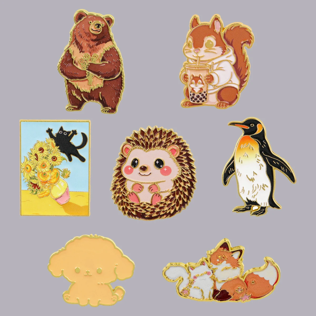 Cute Fox Bear Enamel Pin Sunflower Black Cat Brooches Funny Hedgehog Lapel Pins Backpack Accessories Decorative Jewelry Gifts