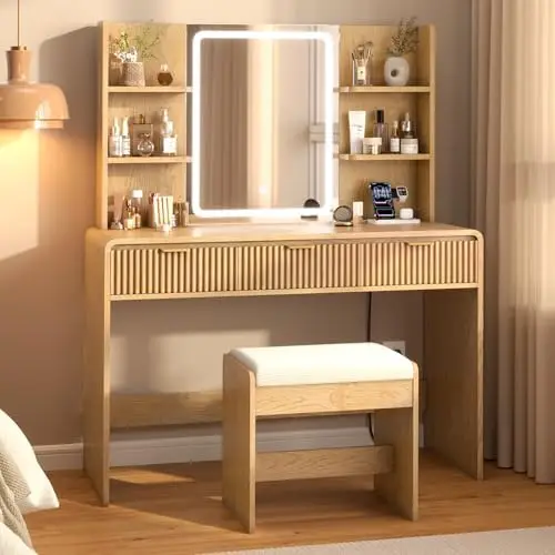 Fluted Vanity Desk with Mirror Light, Stool, Power Outlet Natural | Rounded Corner Design，3 Color Touch Control Light