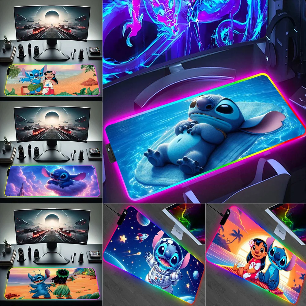 RGB Pc Gamer Keyboard Mouse Pad Mousepad Cute anime para Stitch LED Świecące podkładki pod mysz Gumowa podkładka pod mysz do gier komputerowych