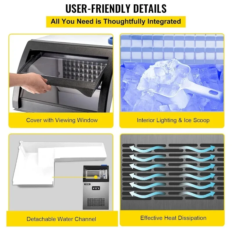 Komercyjna kostkarka do lodu VEVOR, maszyna do lodu pod licznikiem ze stali nierdzewnej 119 LBS/24 H ze schowkiem 24 LBS