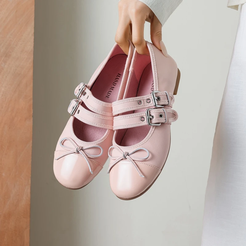 

Women's New Spring and Autumn Genuine Leather Cowhide Metal Belt Buckle Bow Low Heel Mary Jane Fashion Single Shoes