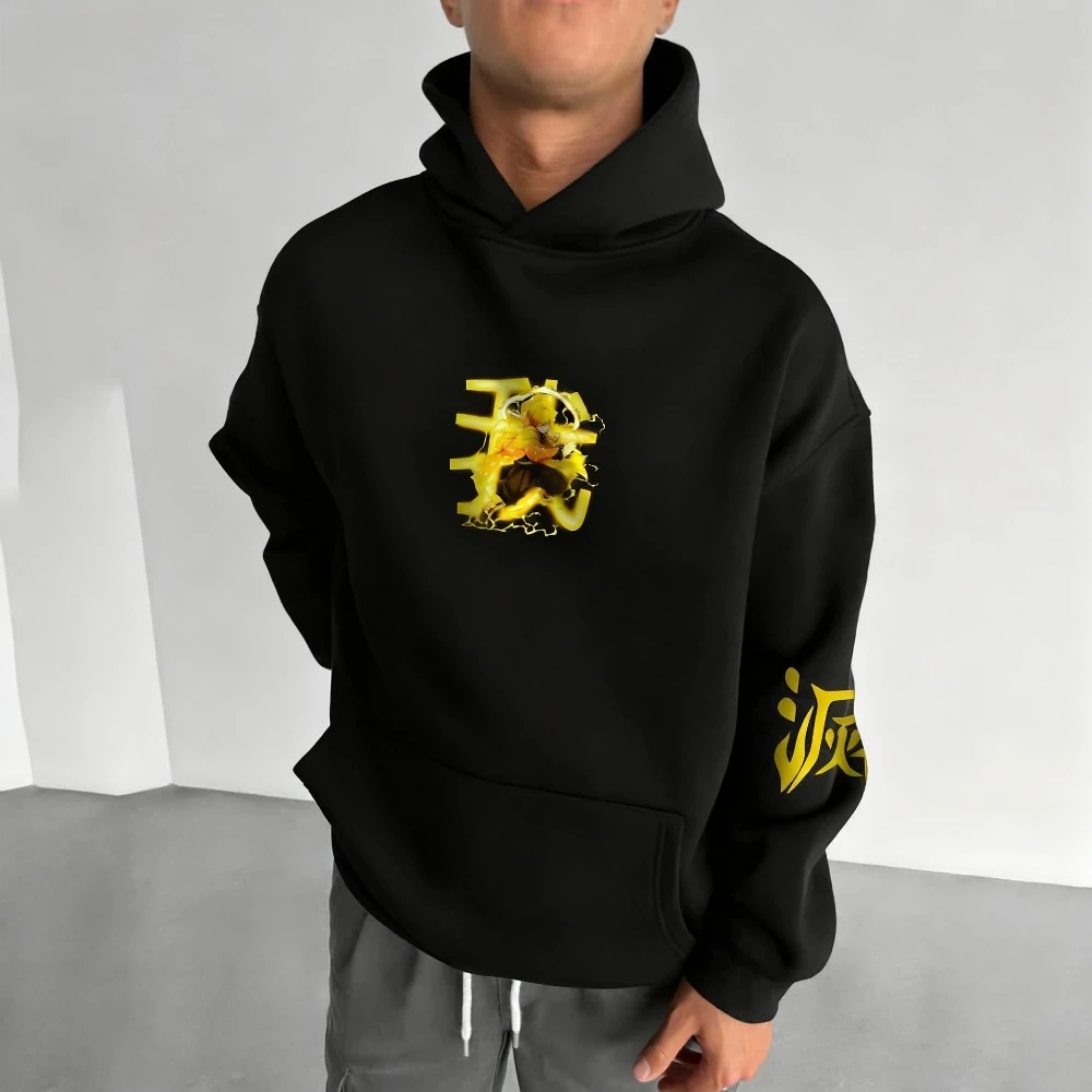 Demon slayer: kimetsu no yaiba moletom com capuz masculino zenitsu agatsuma anime primavera outono menino manga comprida roupa pai-filho