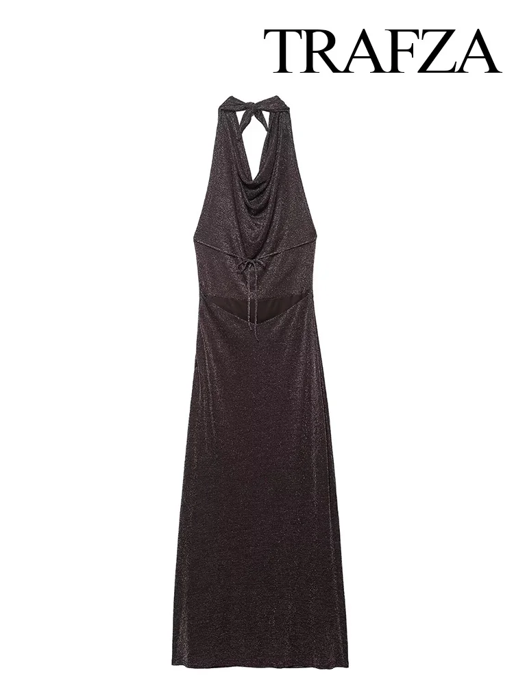 HH Vrouwen Mode Metallic Kleur Lijn Mouwloze Halter Hals Rits Midi Jurk Vrouwen Backless Versieren Effen Lange Jurk Mujer