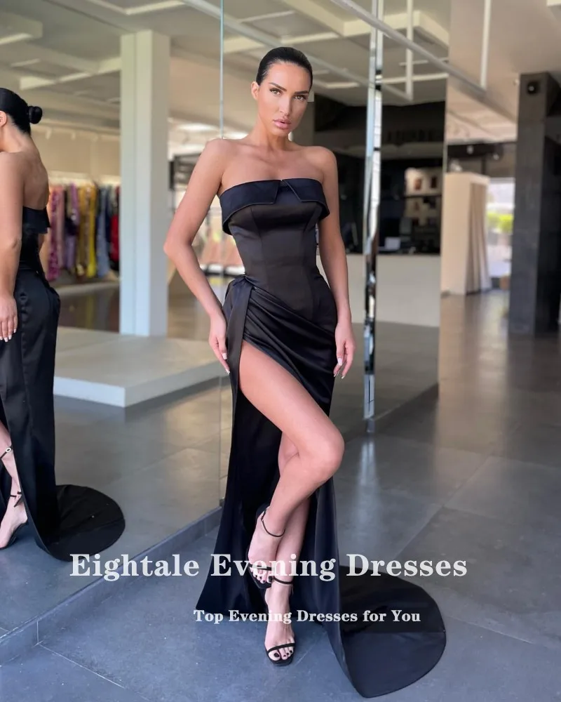 Eightale preto vestidos de noite para festa de casamento cetim plissados sem alças sereia celebridade longo árabe vestidos de festa de formatura 2022