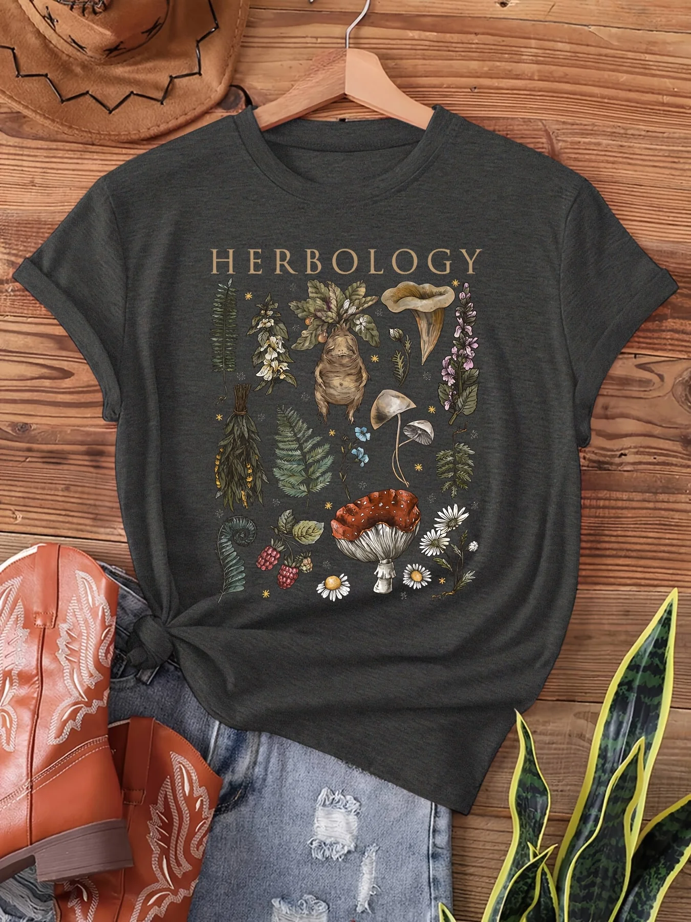 Vintage Mystic Herbology Plants, Print T-shirt, Short Sleeve Crew Neck Casual Top for Summer & Spring, Women's Clothing