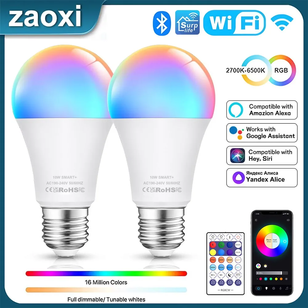 

ZAOXI E27 RGB Smart LED Light Bulbs WiFi Bluetooth APP Remote Control Dimming Timing Bulb Work With Alexa Google Home Voice