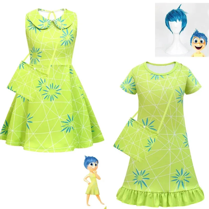 

Inside Out2 Cosplay Kids Dress Costume Movie Disgust Joy Roleplay Yellow Dress Bag Wig Suits Children Halloween Party Suit Party