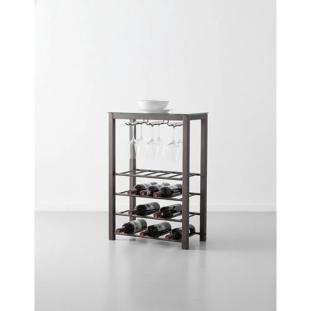 

20 Bottle Freestanding Floor Wine Rack with Glass Top and Cup Holders, Modern Pewter Finish for Home Bar