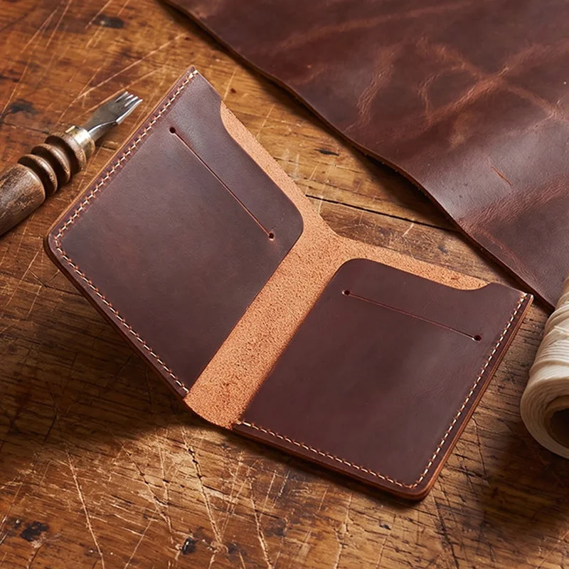 Personalized Leather Wallet Vertical Bifold Minimalist Card Holder Custom Engraved Top Grain Cowhide Slim Short Pocket Purse