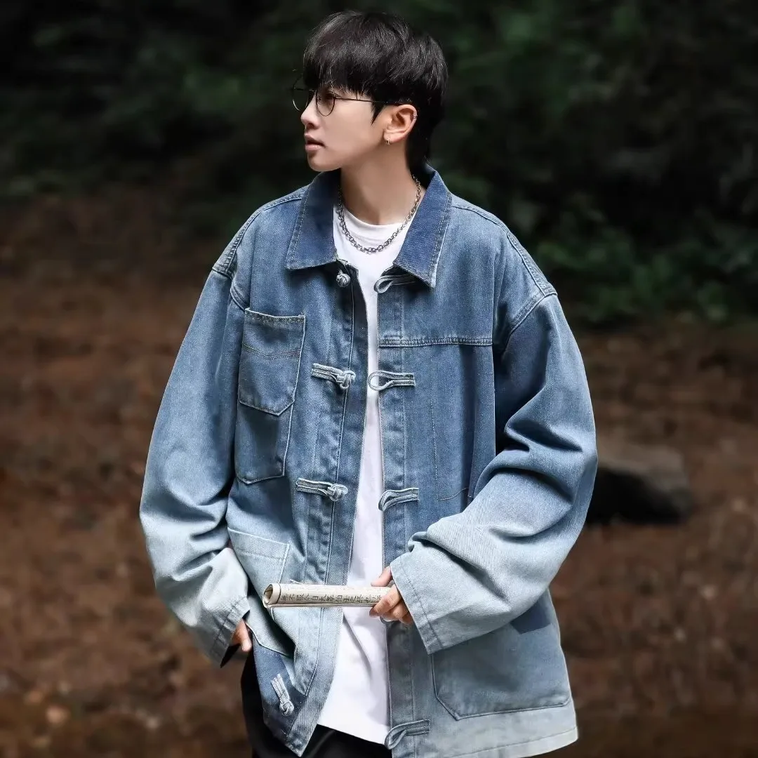 

Retro Chinese Sle Water Waed adient Vintage Denim Jaet Long Sve Men's Loose Fit Button up irt Outerwear