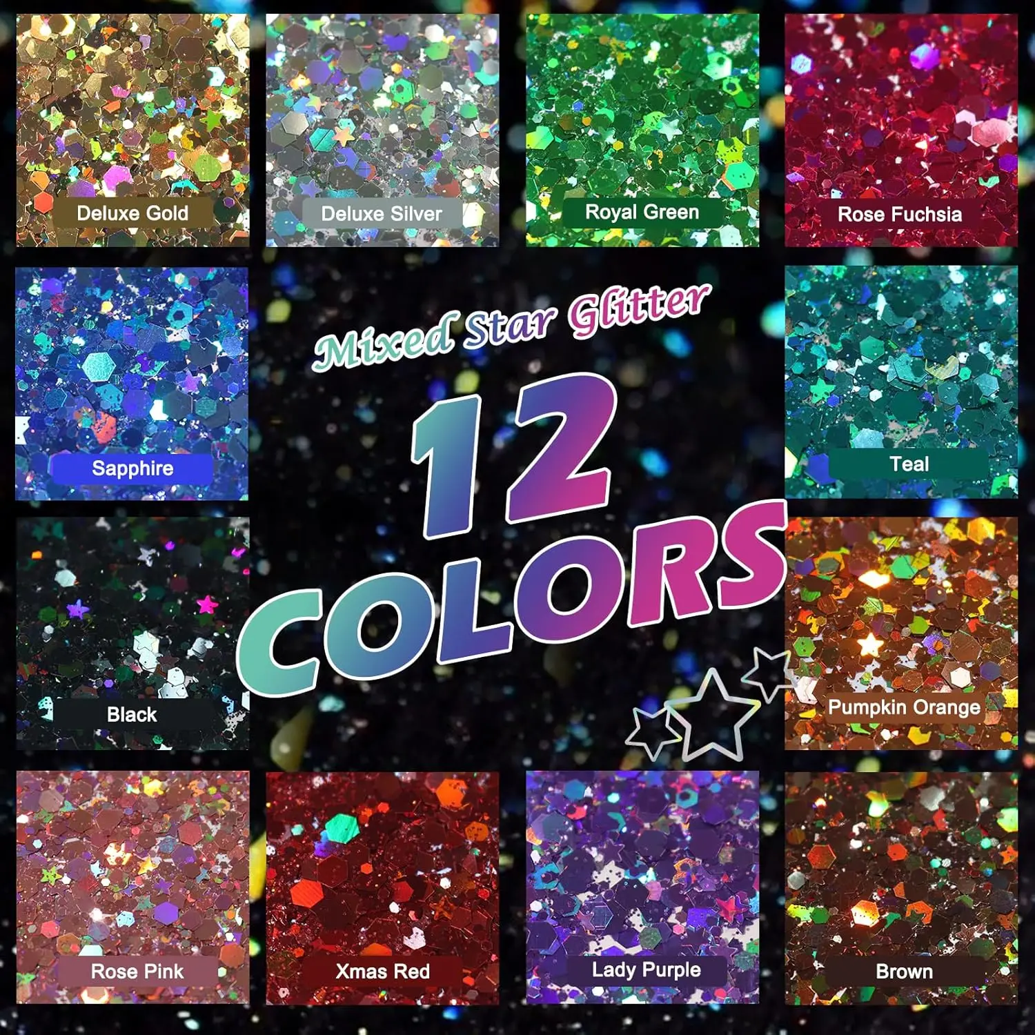 12 Colors Holographic Chunky Glitter Assorted 3mm Star Shapes Fine Glitter Powder for Body Nail Art Craft Mixed Colors