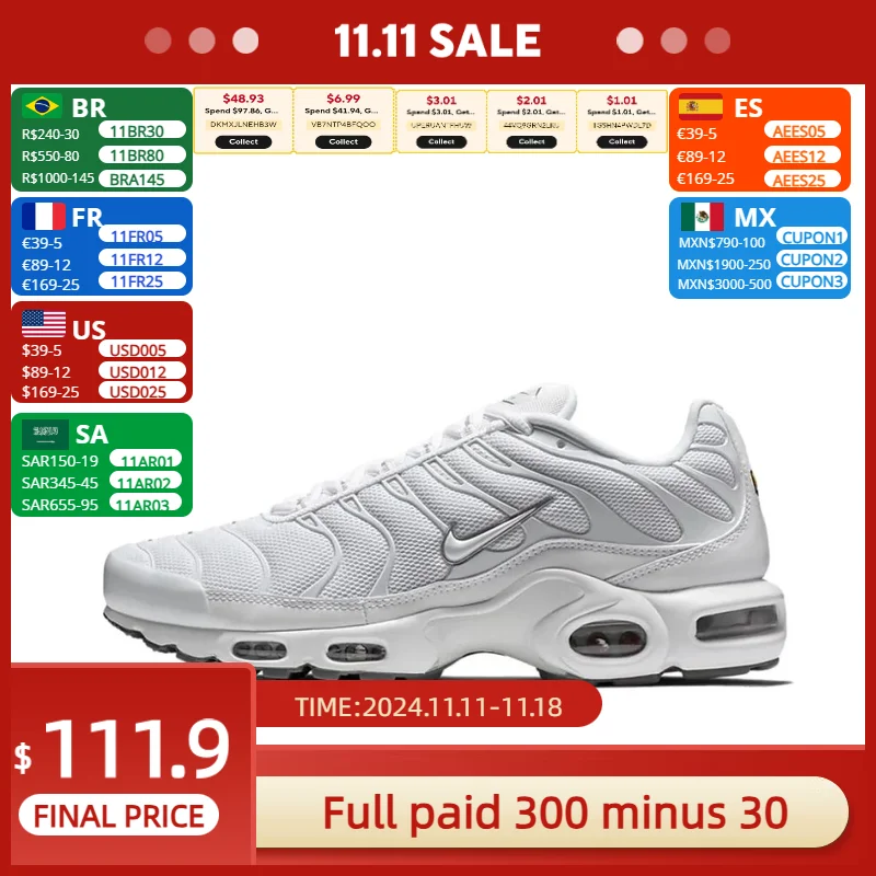 Nike New Air Max Plus TN Men's and Women's Sneakers Fashionable and comfortable casual shoes Anti-slip and wear resistant white