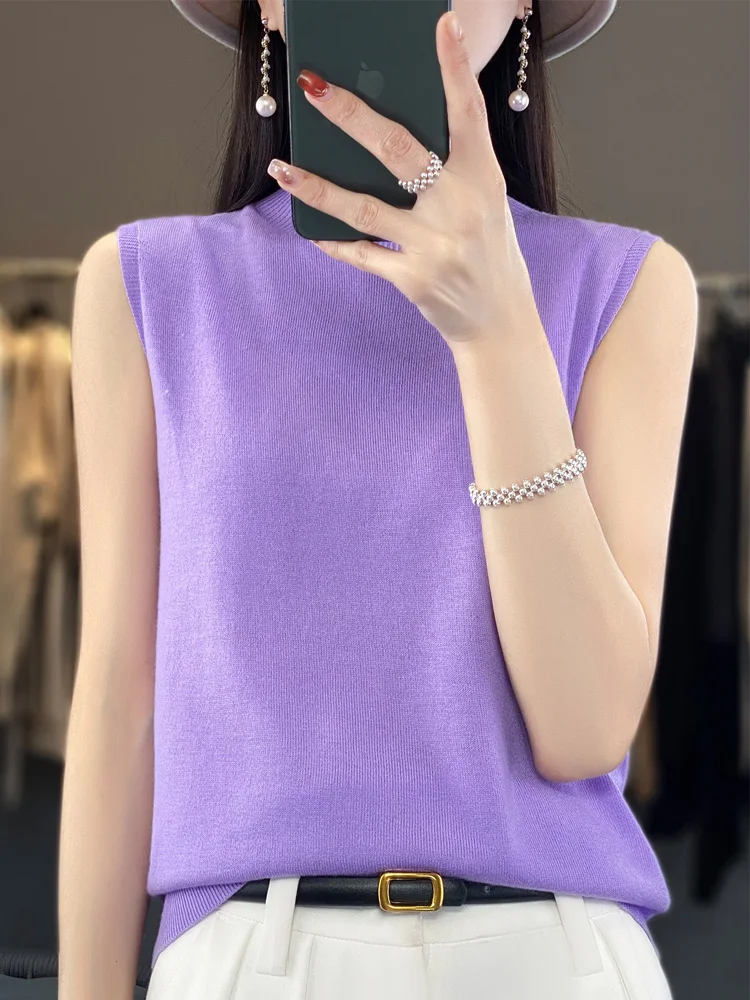 Fashion sleeveless 100% merino wool sweater basic half-neck cashmere women\'s knitted top pullover sweater top T-shirt