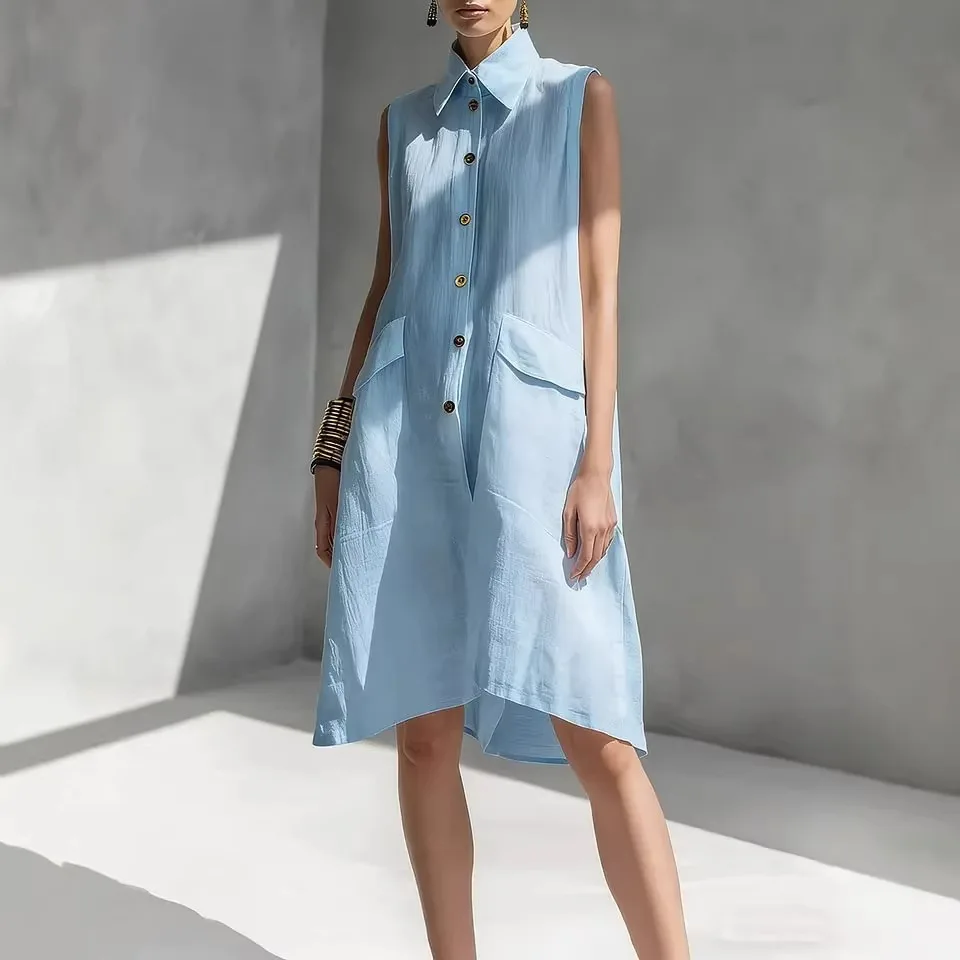 

Women's New Shirt Dress Summer Solid Color Lapel Sleeveless Casual Loose Cotton Linen Dress Elegant Office Casual Vacation Dress