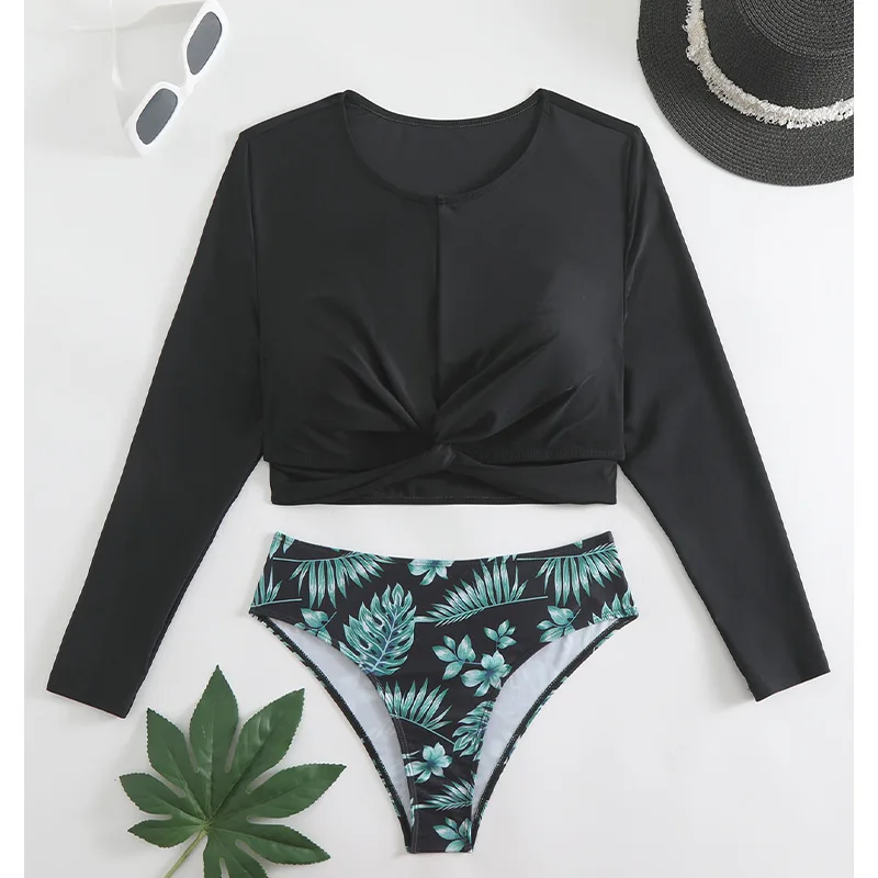 Print Long Sleeves Bikinis Set Swimsuit O Neck 2 Pieces Swimsuit 2025 Leaves Print Swimwear Women Bathers Bathing Swimming Suit