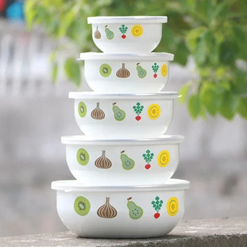 

free shipping mixing bowls with seal cover Enamel suit set 5pcs preservation set ice bowl mini rice bowl 10-18cm