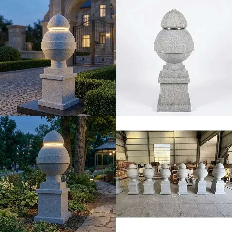 G603 Grey Granite Carved Stone Garden Lantern Two Layer Spherical Head with Base Outdoor Landscape Light Decor