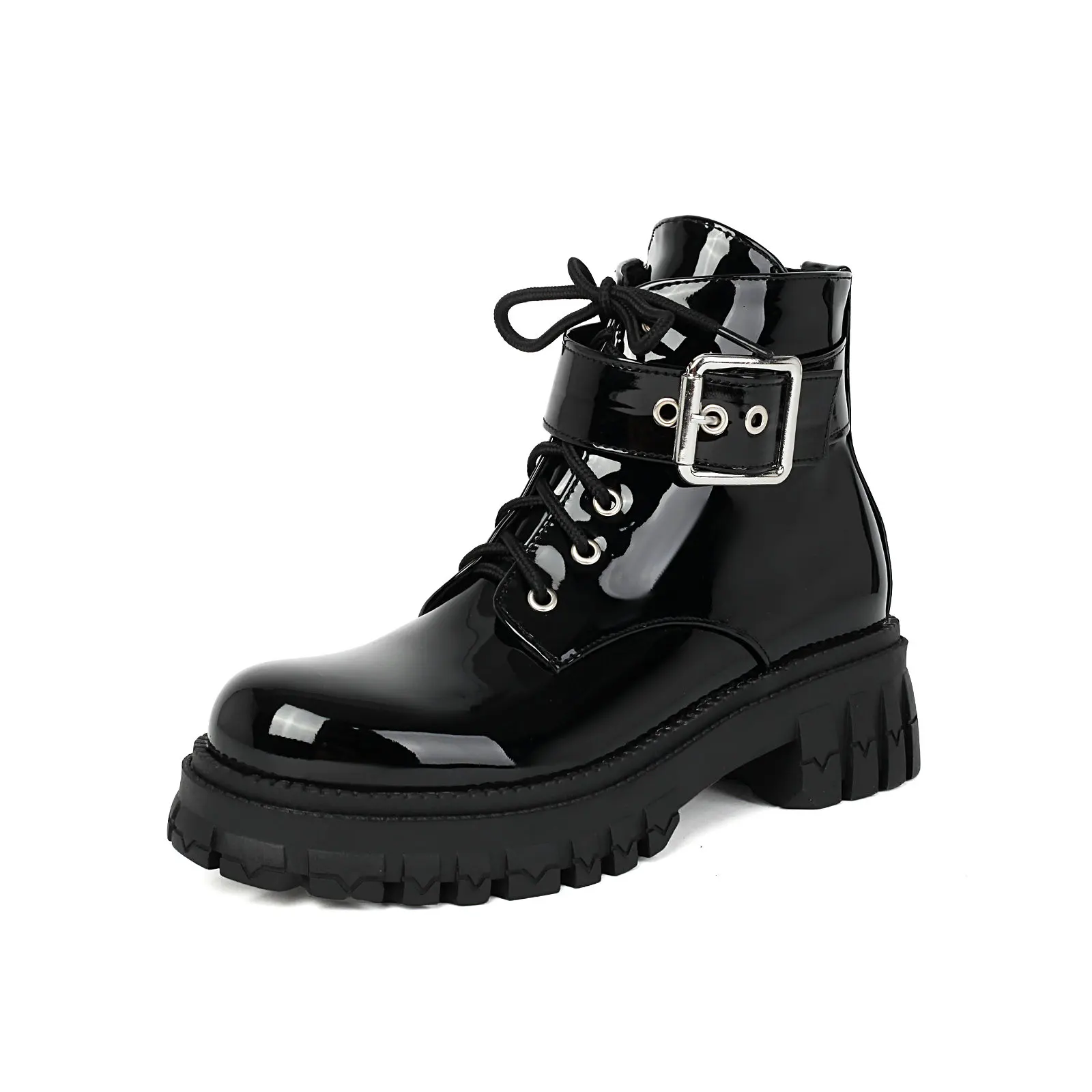 

Women Platform Combat Boots Punk Black Moto Booties Ankle Size Zipper Lace Up Shoes with Belt Buckle