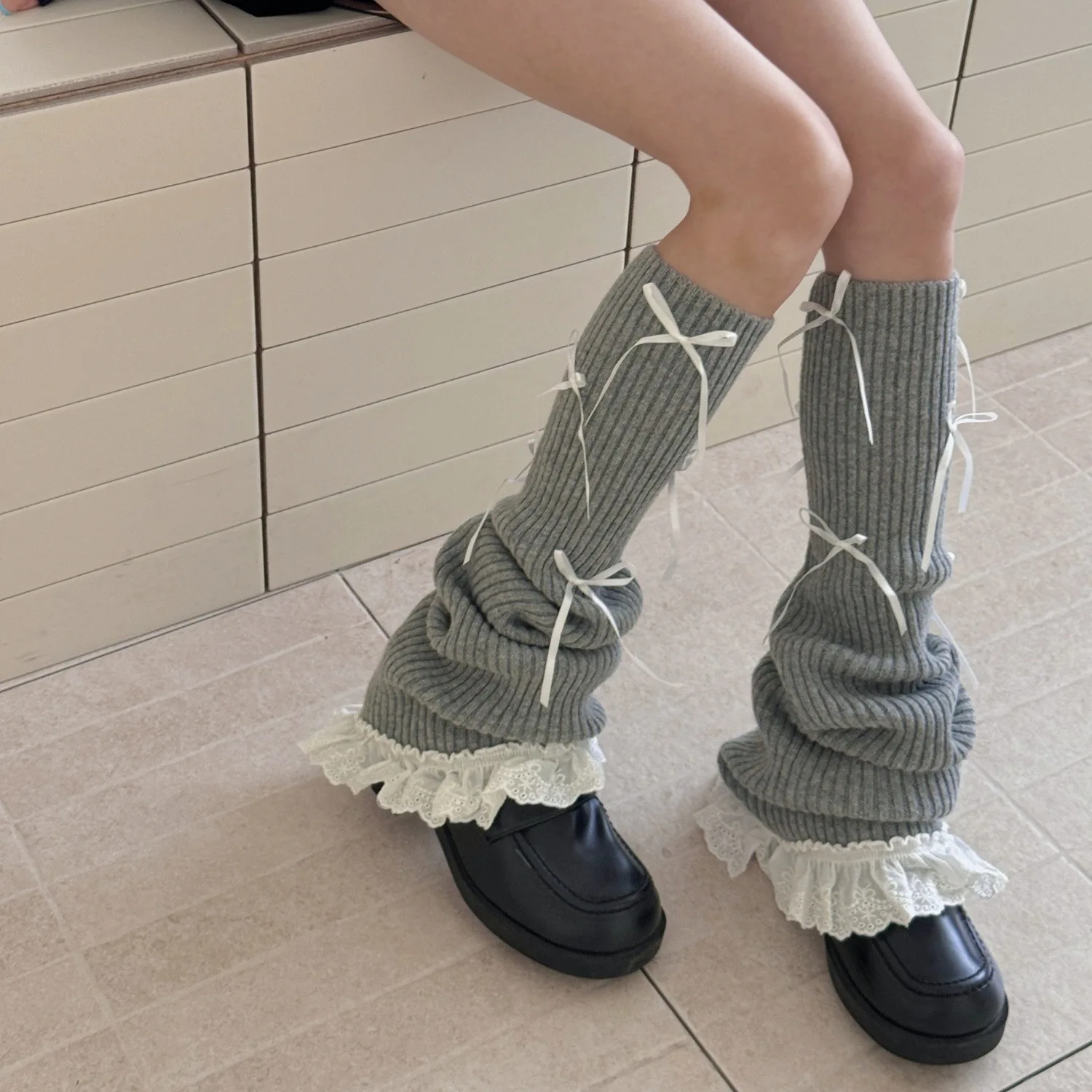 

JK Leg Cover Sweet Girl Lolita Bow Lace Ruffle Socks Stockings Women Autumn and Winter 30% Wool Leg Warmers Knitted Foot Cover