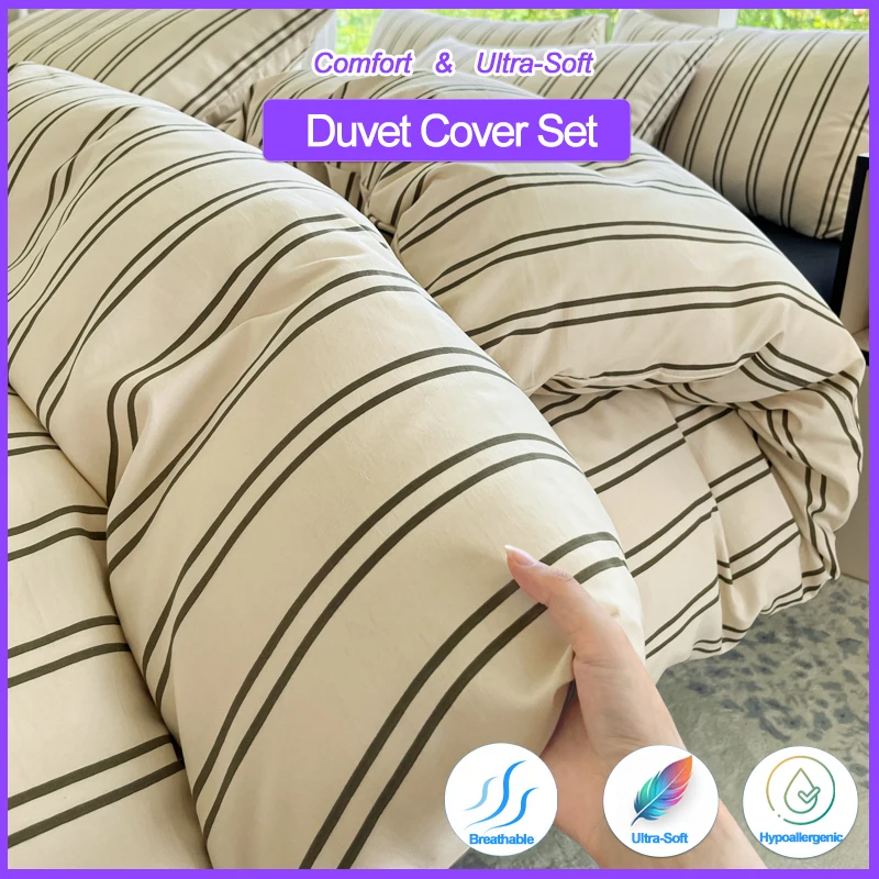

Ultra-Soft Striped Duvet Cover Set (1 Duvet Cover + 2 Pillowcases), Breathable Hypoallergenic Bedding Set Easy Care & Durable