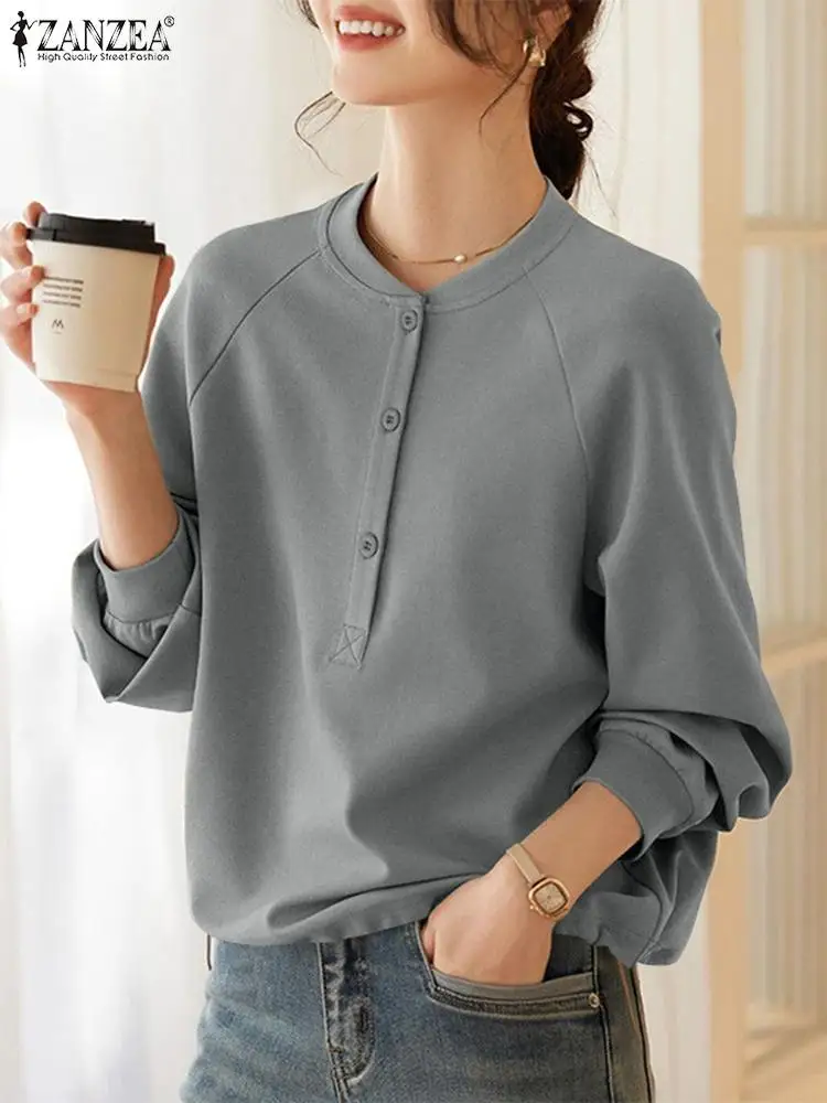 ZANZEA Women Solid Sweatshirt Casual Loose Round Neck Sweater Korean Long Sleeve Tops Autumn 2024 Female Drawstring Hem Tunics