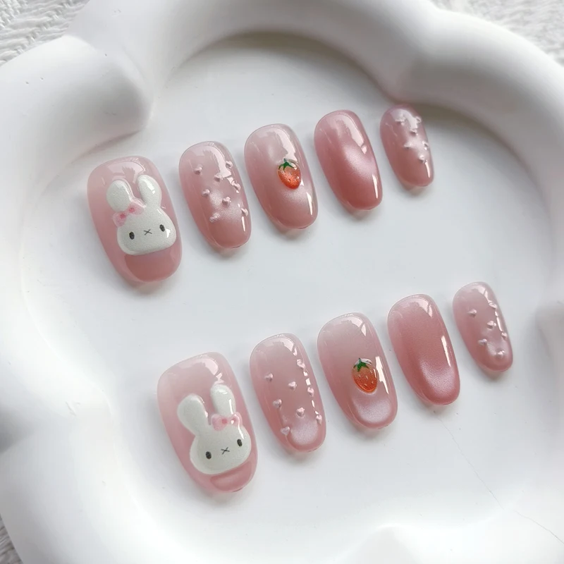10 Stück Niedliche 3D Polka Dot Hasen Neue Katzenaugen Nagelkunst Kurze Mandel-Form Liebliche Erdbeer-Kaninchen Wiederverwendbare Nagelaufkleber Aufklebbare Nägel – Detail 14