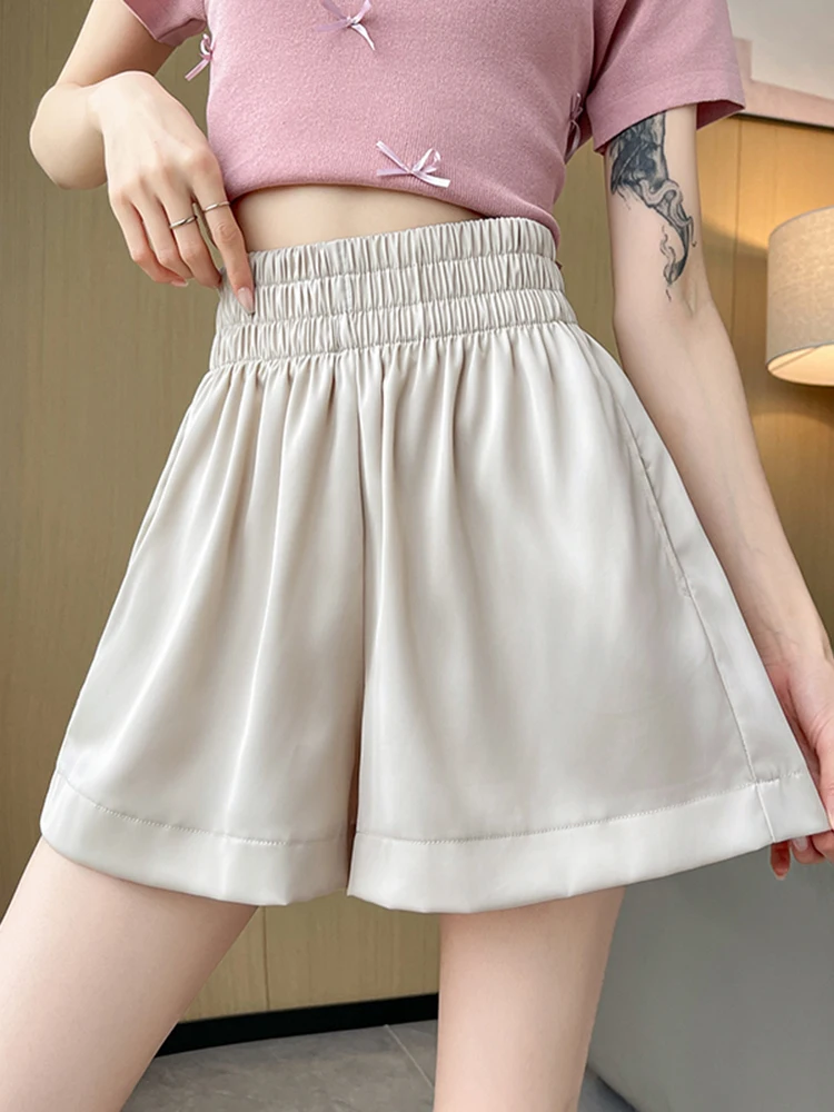 Summer Cool Chic Solid Color Thin Style Shorts for Women New Basic Elastic High Waist Fashion Loose Casual Street Female Shorts