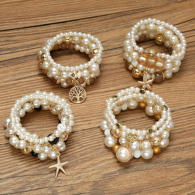 Imitation Pearl Stretch Bead Bracelets Set For Women Metal Adjustable Elastic Charms Vintage Strand Girls\' Fashion Jewelry C1306