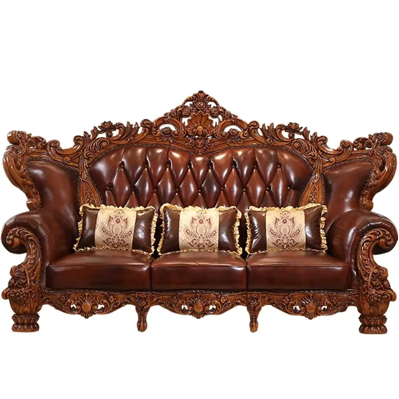 European Style Genuine Leather Sofa Solid Wood Carved High-end Retro Living Room U-shaped Combination Luxury Furniture Full Set