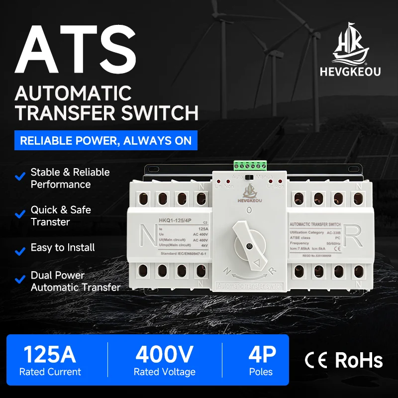 Automatyczny przełącznik zasilania ATS 4P 125A 400V Trójfazowy przełącznik dwuzasilawny do systemów solarnych, generatorów fotowoltaicznych i zasilania awaryjnego.