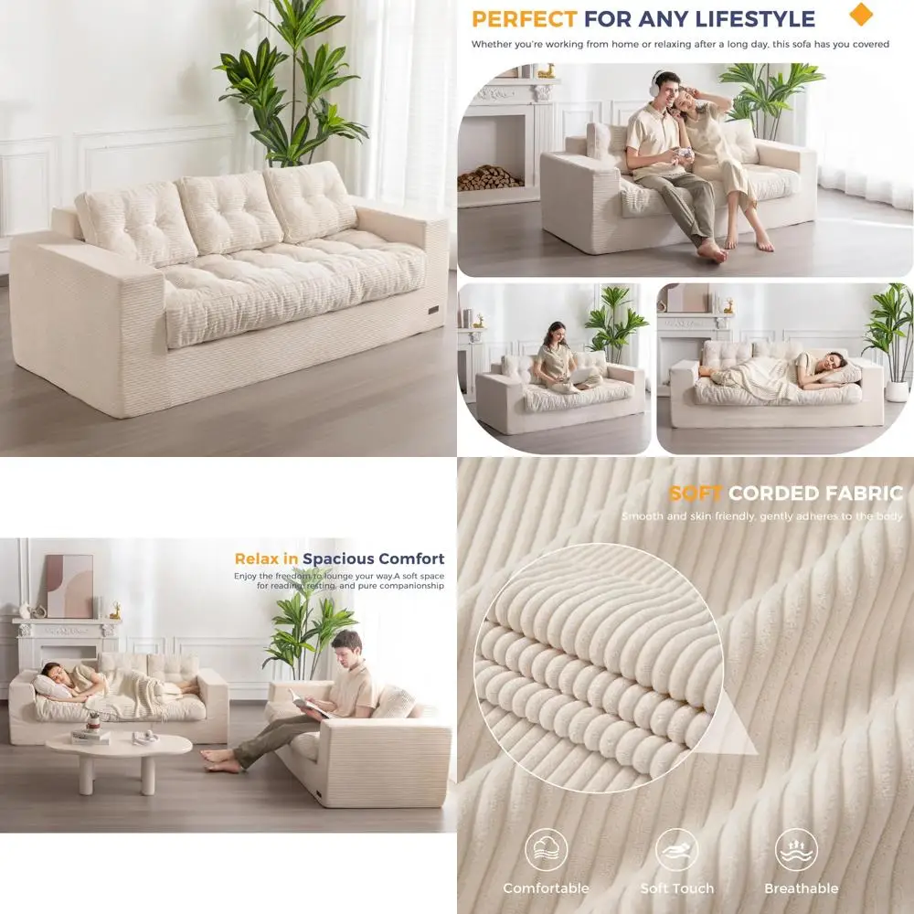 

3-Seater Living Room Couch with Tufted Cushions, Upholstered Floor Sofa featuring Armrests and Backrest Support