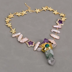 GG 18'' Natural Pink Biwa Pearl Amethyst CZ Connector Chain Necklace Green Phantom Quartz Point Pendant Lady Gifts