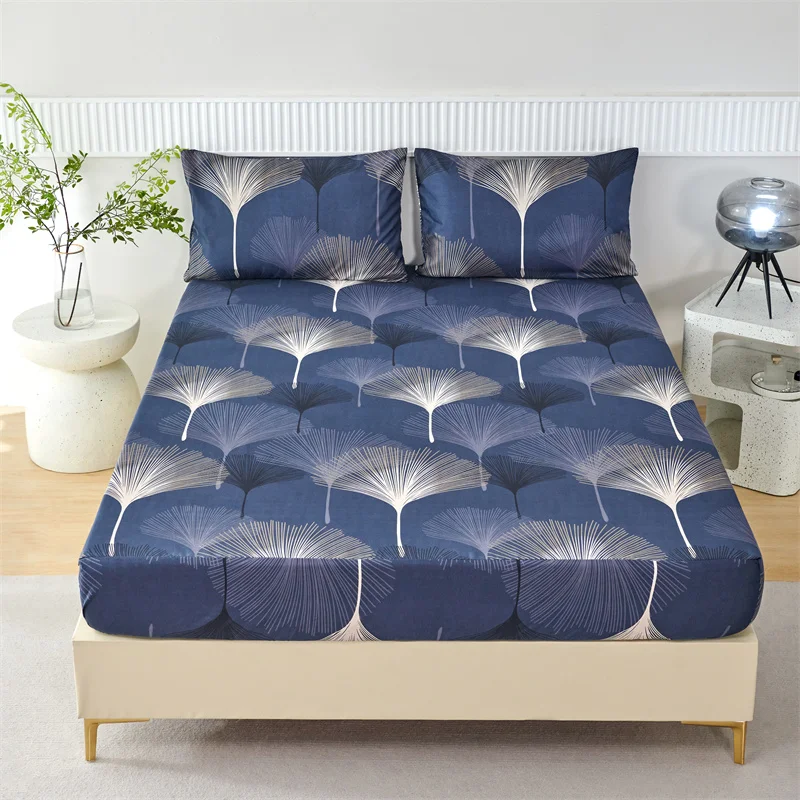 3pcs/set Ginkgo Biloba Pattern Blue Fitted Sheet with Pillowcase without filling Modern Fabric All Season Family bedroom Bedding