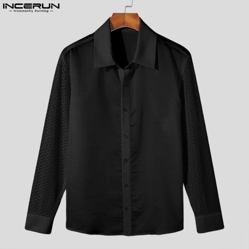 INCERUN Tops 2024 American Style Fashion Men\'s Mesh Splicing Hollow Slightly Transparent Shirts Casual Long Sleeved Blouse S-5XL