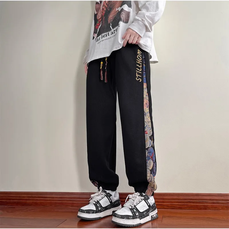 Korean Side Piping Bear Embroidery Casual Pants 2024 New Men\'s Sports Trousers Waffle Fabric Comfortable Jogging Trousers