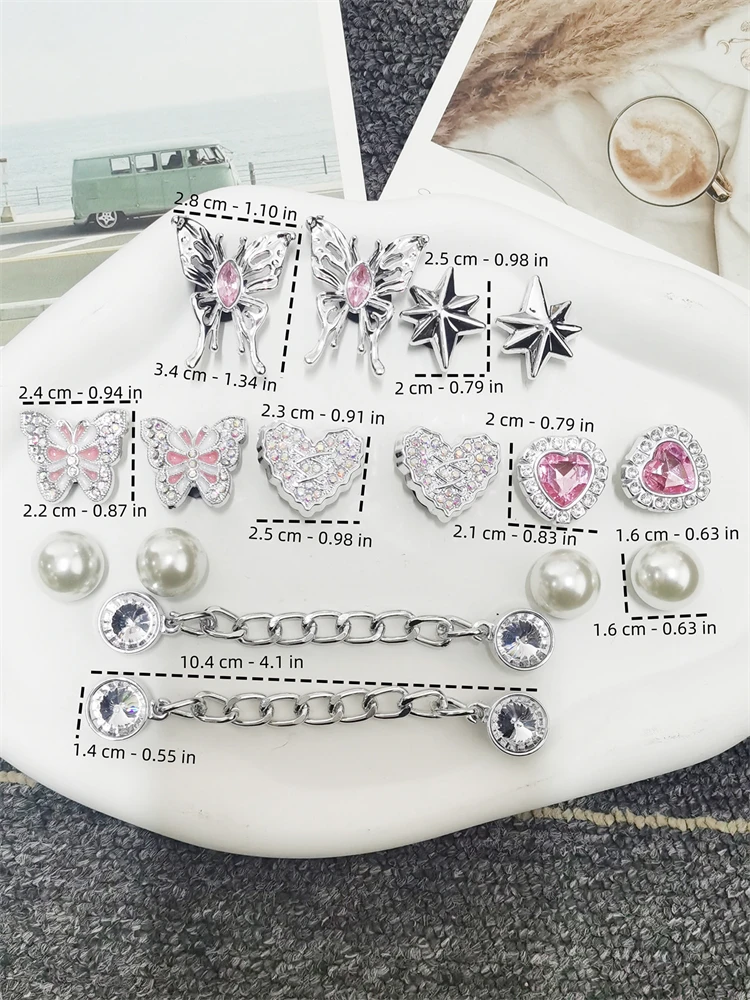 16-teiliges Schmetterling-Schuh-Charms-Set: DIY-Ketten-Accessoires, silberne Herz- und Stern-Clog-Schuh-Schnallen, abnehmbare Bling-Schuhclips – Detail 2