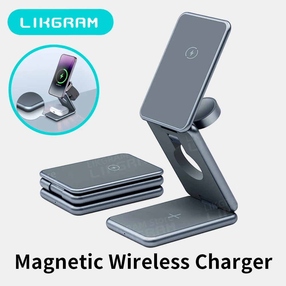 

LIKGRAM 3 in 1 Wireless Charger MagSafe Foldable Magnetic for iphone 12-17 Apple Watch AirPods 3-4(not for Airpods 2) AK09