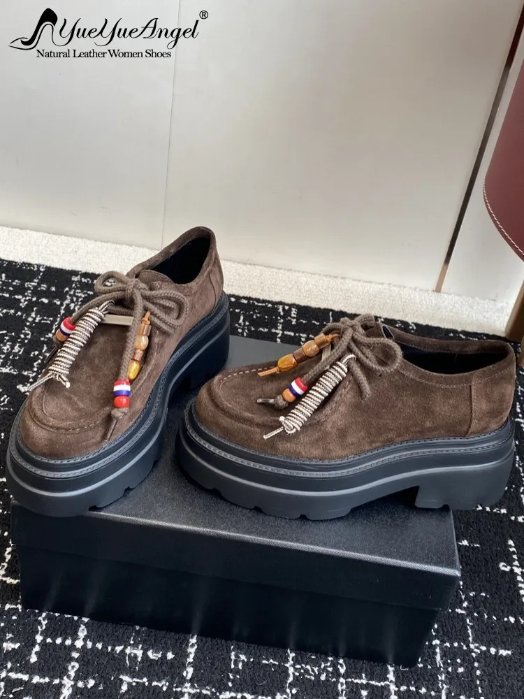 

Женские винтажные туфли на толстом платформе и блочном каблуке со шнуровкой и низким вырезом из натуральной коровьей замши, офисные женские удобные туфли-лодочки для работы