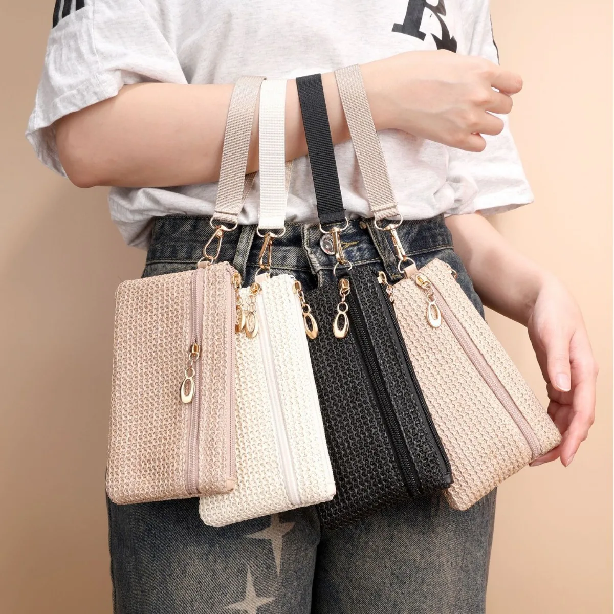 

Horizontal square straw handbag mobile phone storage long wallet double zipper handbag change purse