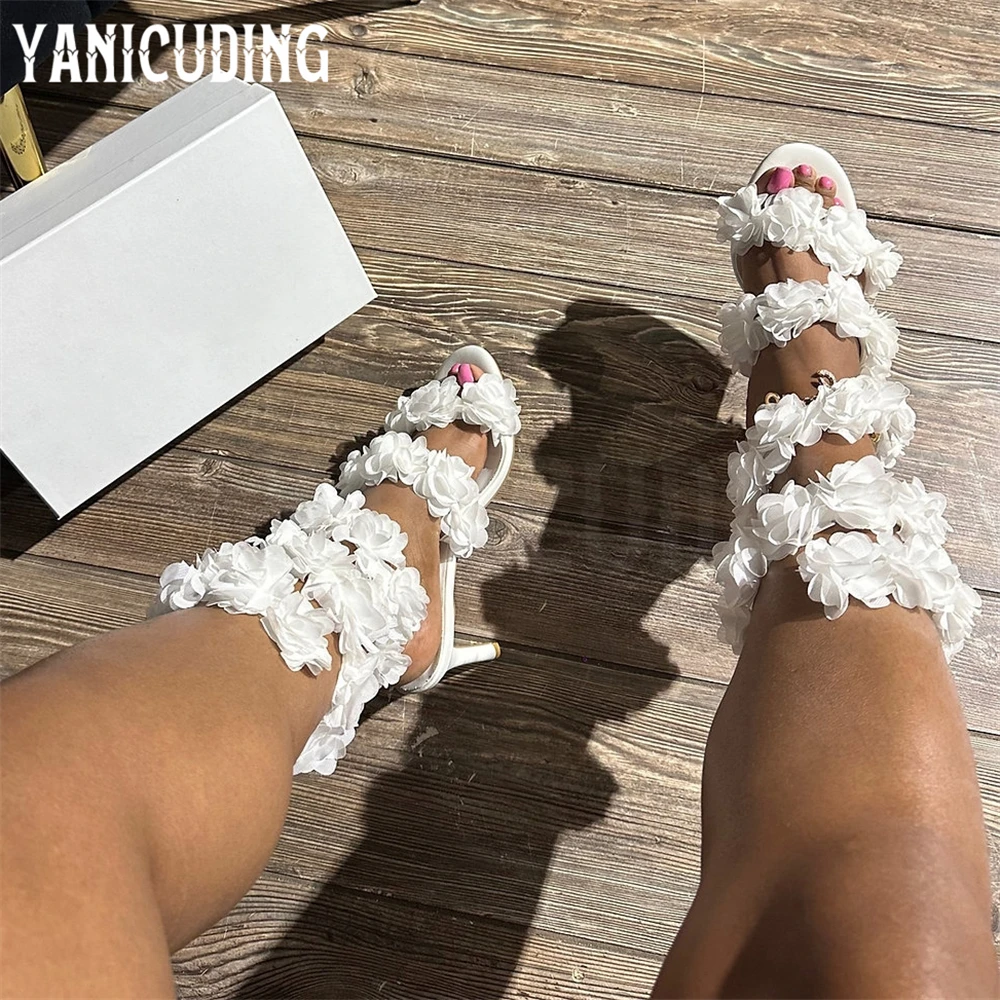 Flower Design Coiled Strap Sandals Wrap Ankle Spiral Stiletto Heel Sandals Handmade Flowers Leather Round Toe Summer High Heels