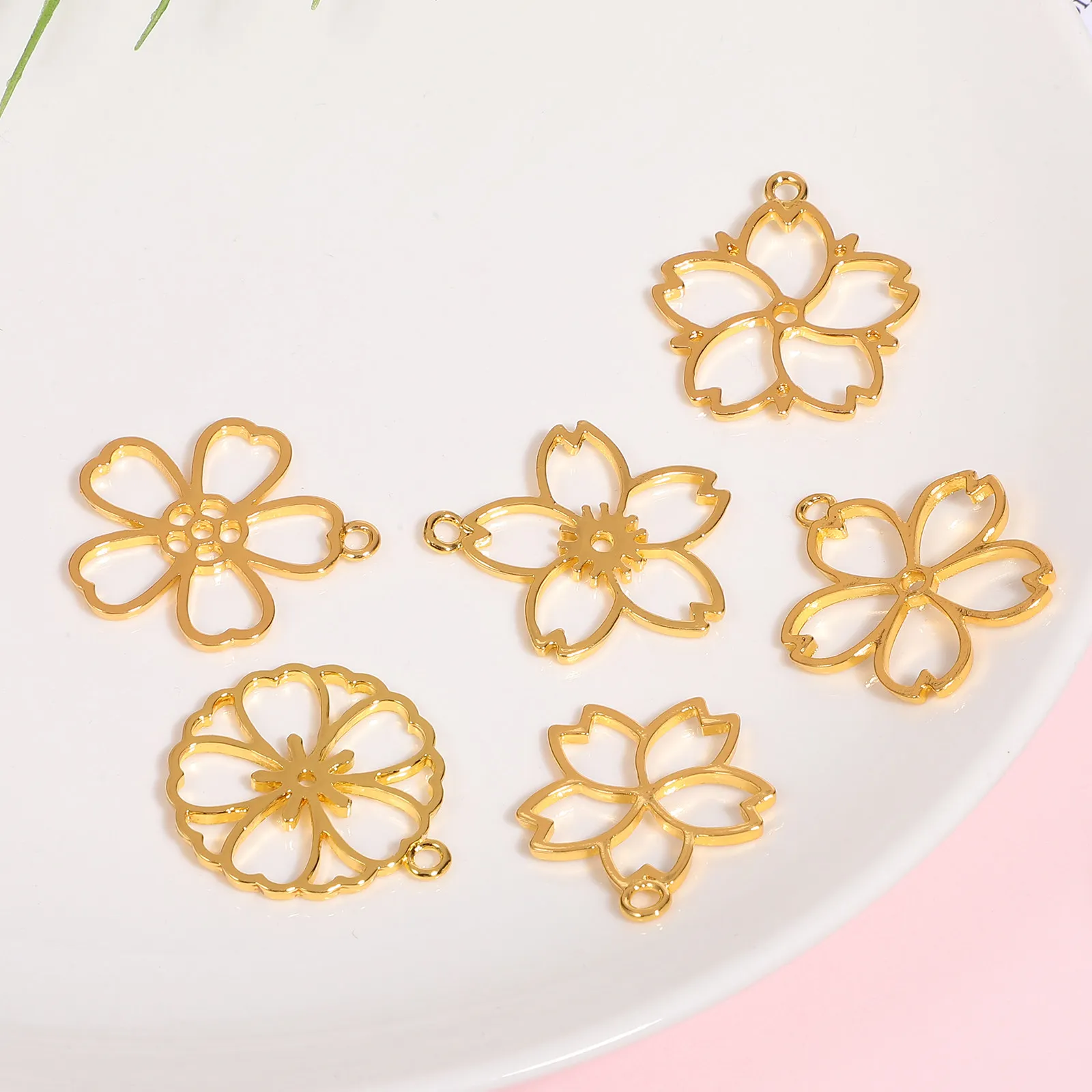 

12Pcs Sakura Hollow Frame Pendants Alloy Flower Charms Different Shapes Resin Jewelry Making Open Bezels Dangle Charms