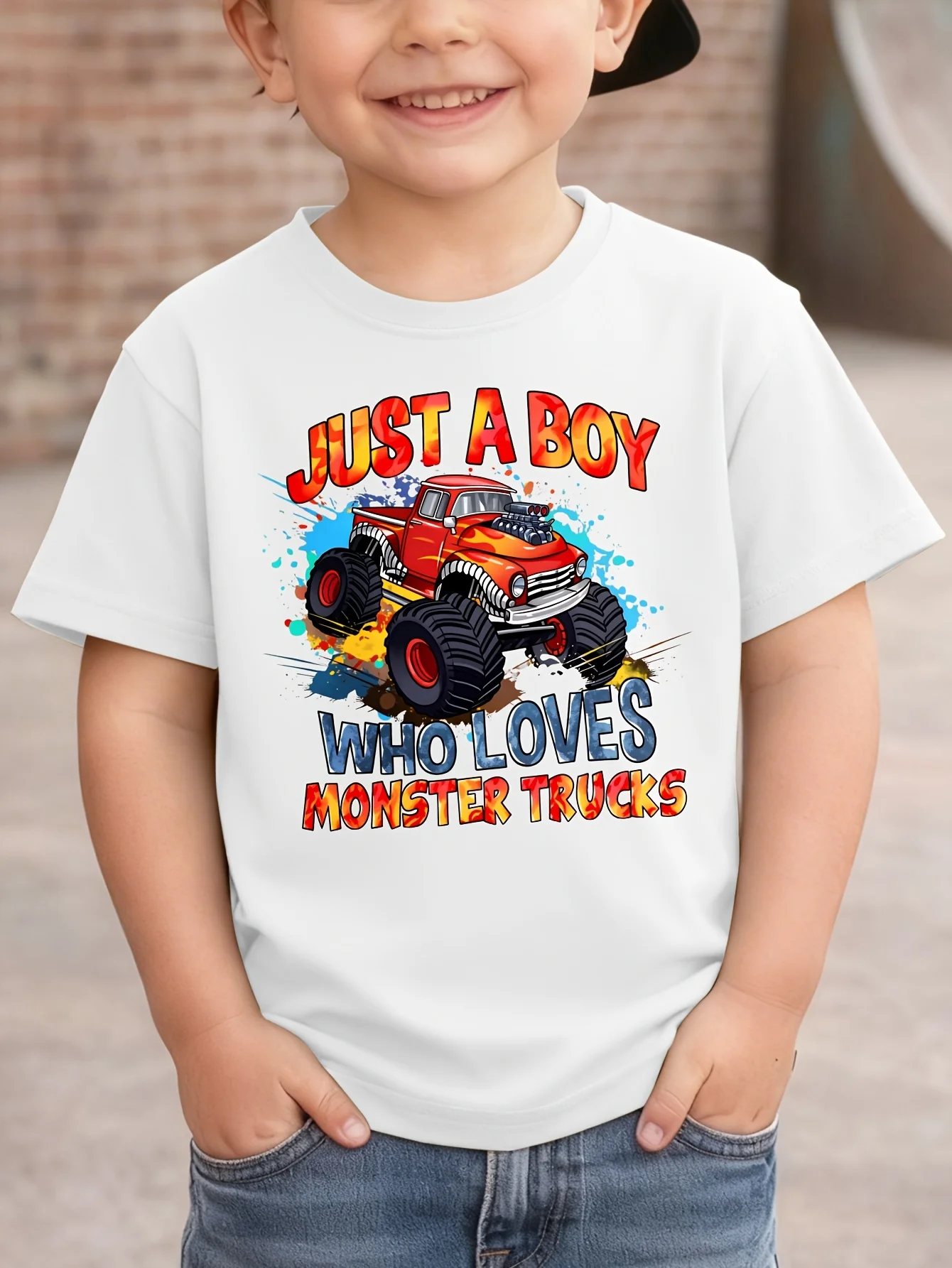 Cool Splash Art Red Monster Truck Letter Slogan Print Kids T Shirt Boys Girls Family Matching Summer Crew Neck Casual Tee