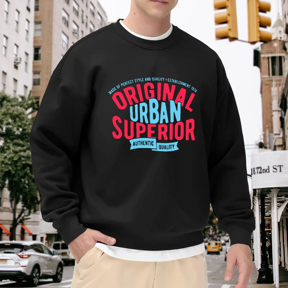 

Men's Black Crew Neck Loose Sweatshirt, Trendy Letter Print Street Style Top, Everyday Casual Versatile Style, Soft and Comfortable, Does Not Shrink