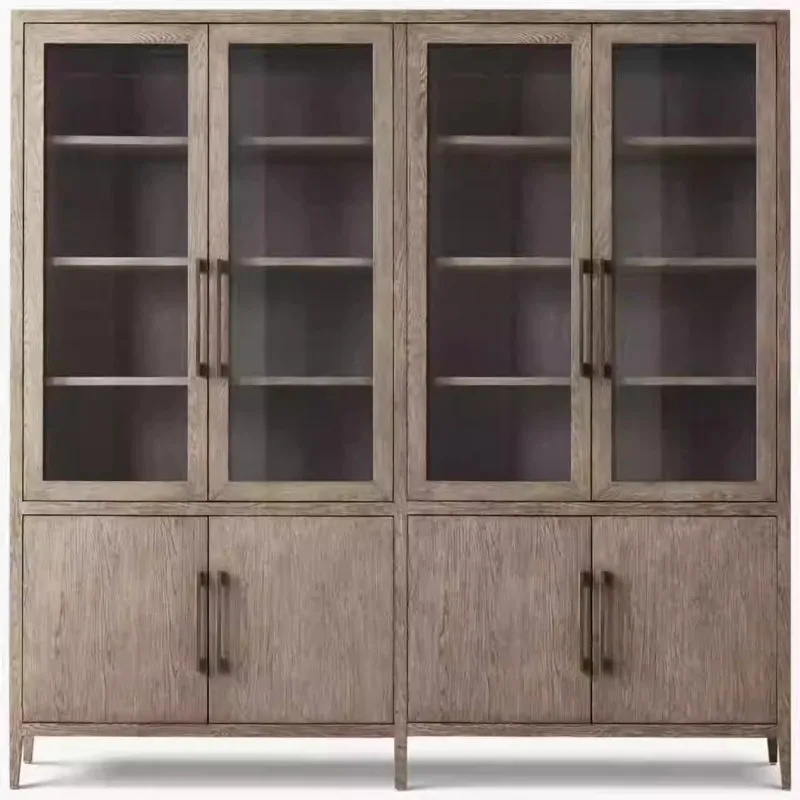 

Modern glass four-door dining side kitchen , oak display cabinet, wine cabinet, floor-to-ceiling