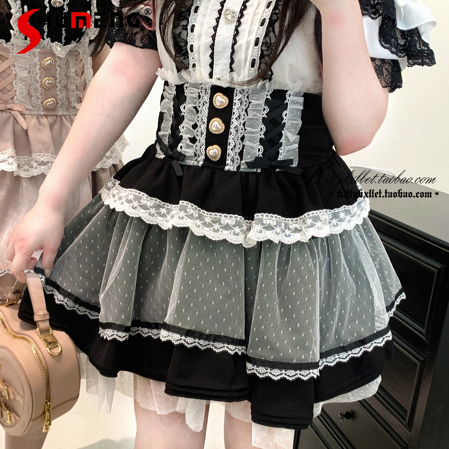 

Original Japanese Mine Style Lace Patchwork Puffy High Waist Heart Buckle Bow Sweet Versatile A-line Short Skirts Women Summer
