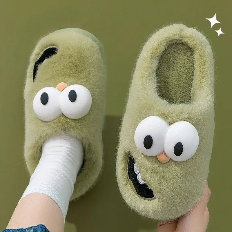 House Shoes Flat Big eyes dog Winter Warm Home Slipper Womens Cartoon Kawaii Plush Contton Indoor Funny Fuzzy Floor Female 2024