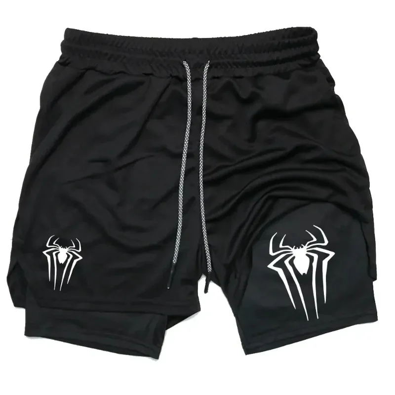 

Y2K Performance Shorts Men Spider Printed GYM Casual New Sports Compression Shorts Workout Running Mesh 2-In-1 Sport Short Pants