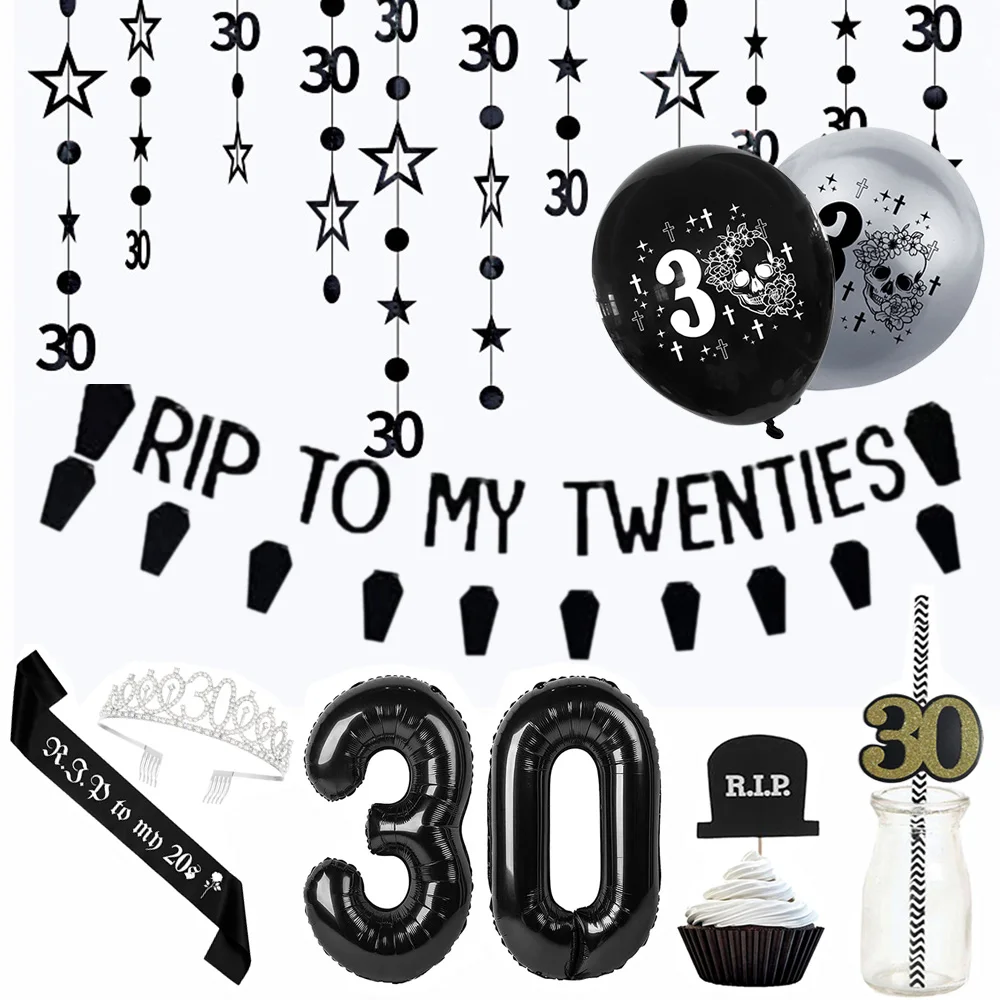 RIP to My 20s Supplies Banner Garland Backdrop Tablecloth Rip Sash Cake Topper Balloon Funeral Youth Funny Thirtieth Party Decor