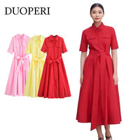 DUOPERI Women Fashion With Belt Solid Poplin Midi Dress Lapel Neck Short Sleeves High Street Female Chic Lady Summer Dresses