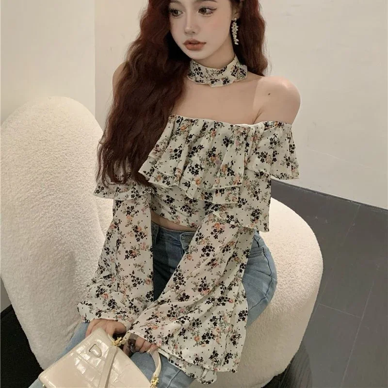 Blouses with Choker Women Sexy Thin Summer Vintage Ruffles Design Chic Sweet Slash Neck Gentle Lady Cropped Elegant Flare Sleeve